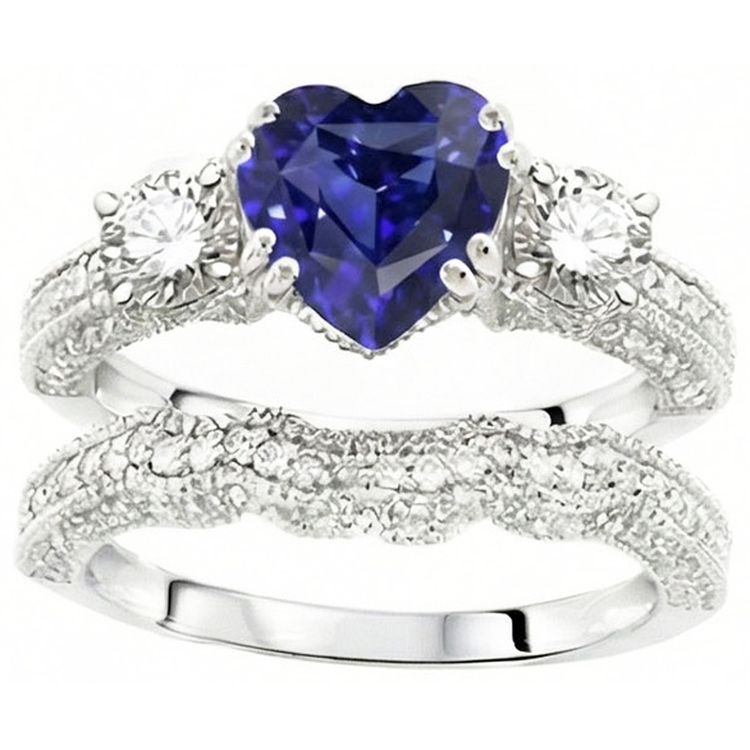 Ensemble Alliance Diamant Coeur Saphir Bleu Style Antique 3.50 Carats