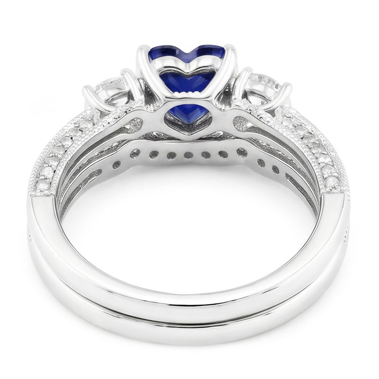 Ensemble Alliance Diamant Coeur Saphir Bleu Style Antique 3.50 Carats