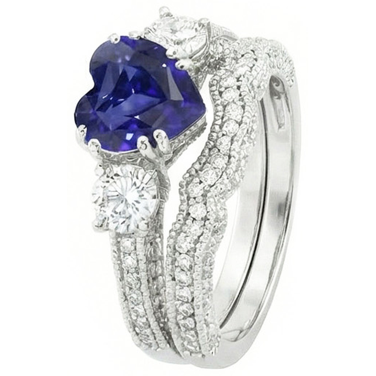 Ensemble Alliance Diamant Coeur Saphir Bleu Style Antique 3.50 Carats