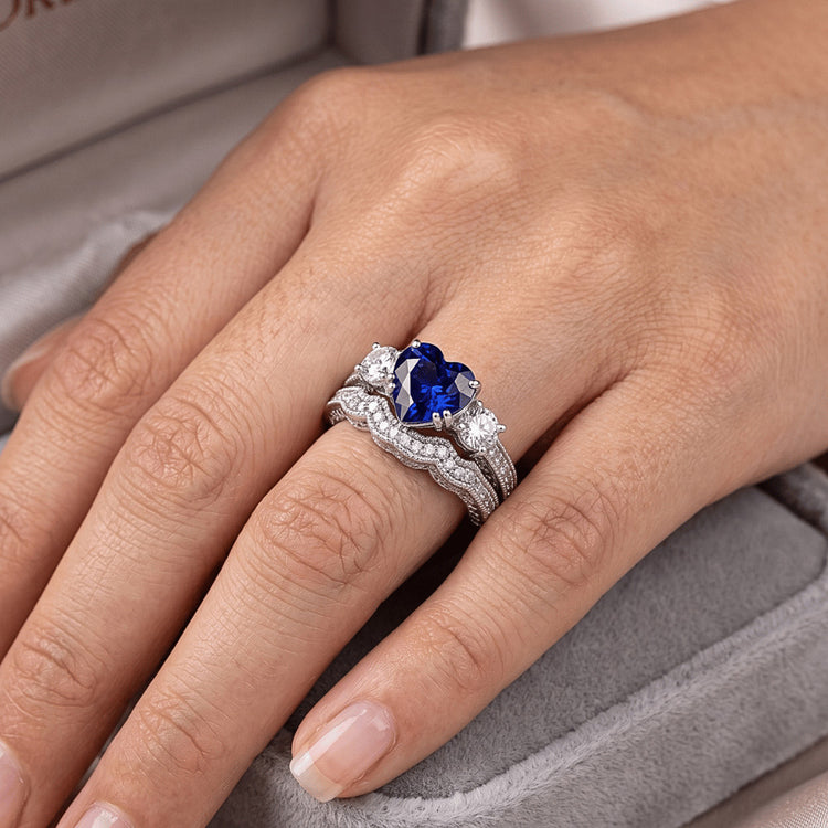 Ensemble Alliance Diamant Coeur Saphir Bleu Style Antique 3.50 Carats