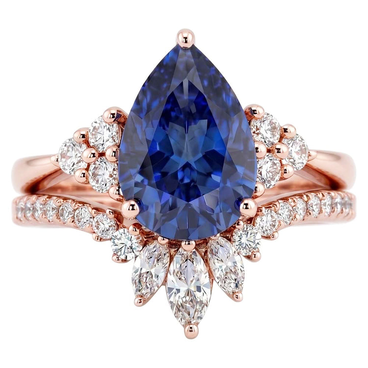 Ensemble Alliance Diamant Saphir Bleu Marquise & Rond 4 Carats