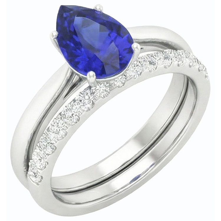 Ensemble Alliance Saphir Bleu Poire Or Blanc & Diamants 4.50 Carats