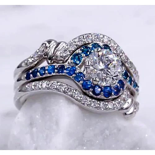 Ensemble Bague Réel Diamant 3.50 Carats Saphir Bleu Femme Bijoux