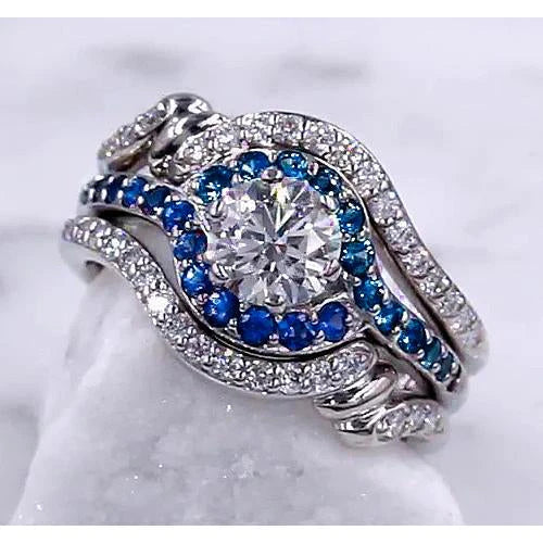 Ensemble Bague Réel Diamant 3.50 Carats Saphir Bleu Femme Bijoux