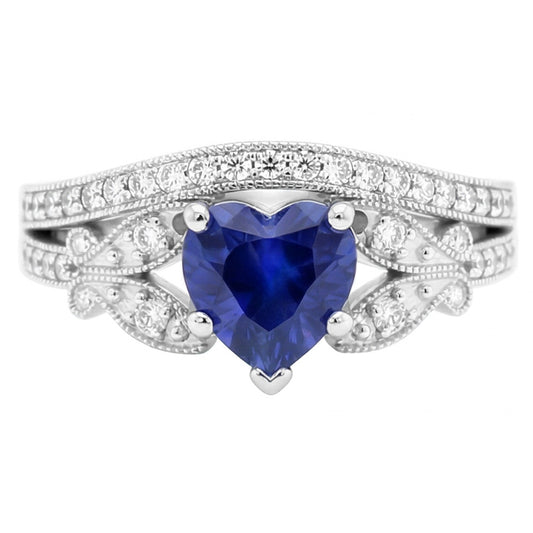 Ensemble Bague de Fiançailles Diamant Coeur Saphir Style Papillon 3 Carats