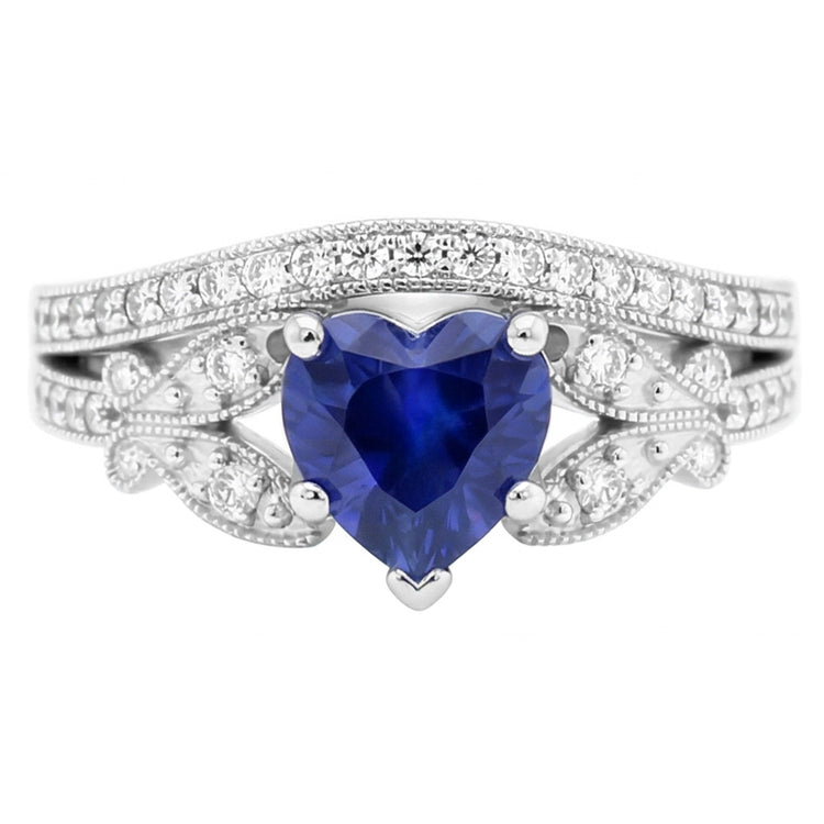 Ensemble Bague de Fiançailles Diamant Coeur Saphir Style Papillon 3 Carats
