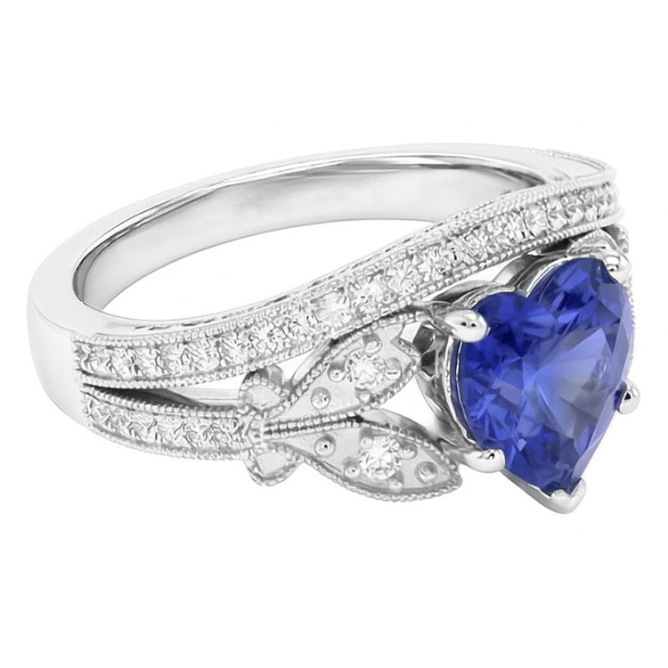 Ensemble Bague de Fiançailles Diamant Coeur Saphir Style Papillon 3 Carats