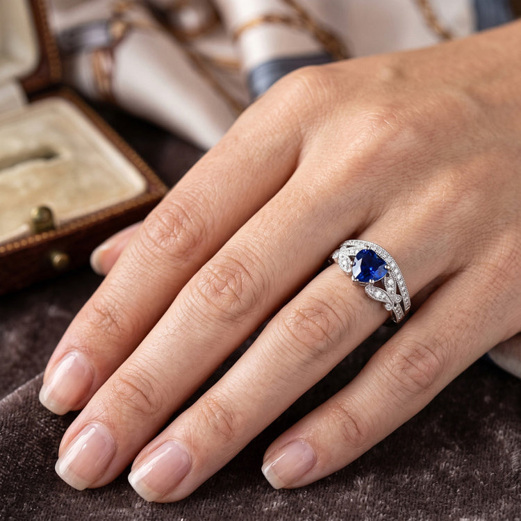 Ensemble Bague de Fiançailles Diamant Coeur Saphir Style Papillon 3 Carats