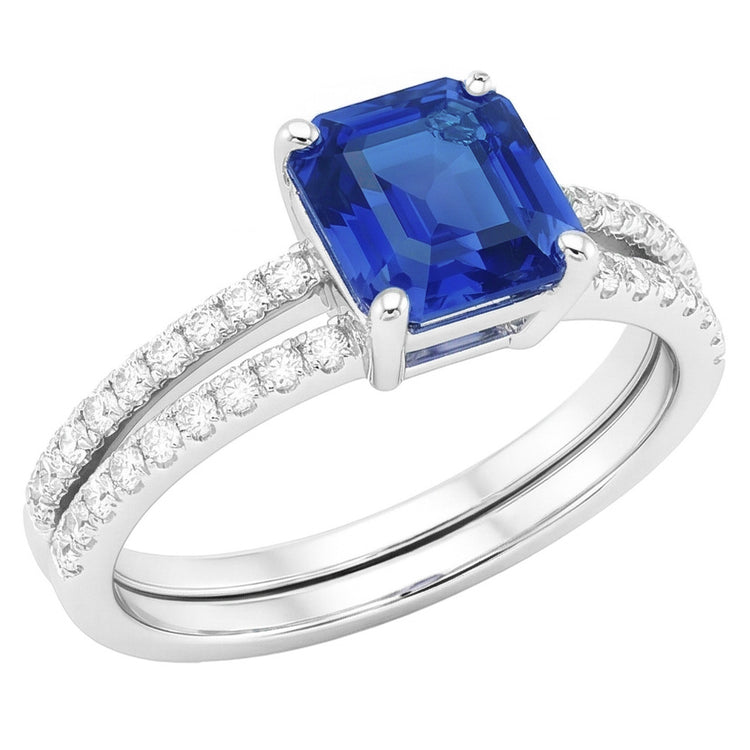 Ensemble Bague de Fiançailles Saphir Bleu Asscher Cut Or Blanc 14K 3 Carats
