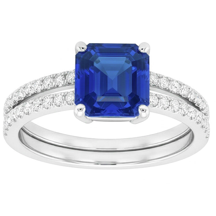 Ensemble Bague de Fiançailles Saphir Bleu Asscher Cut Or Blanc 14K 3 Carats