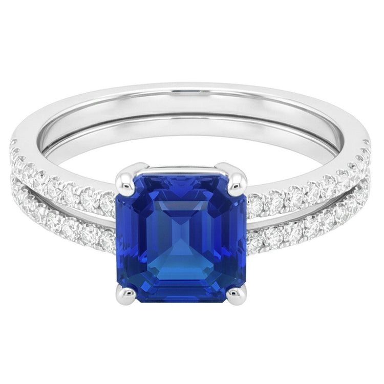 Ensemble Bague de Fiançailles Saphir Bleu Asscher Cut Or Blanc 14K 3 Carats