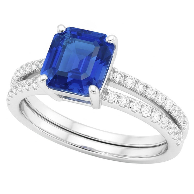 Ensemble Bague de Fiançailles Saphir Bleu Asscher Cut Or Blanc 14K 3 Carats