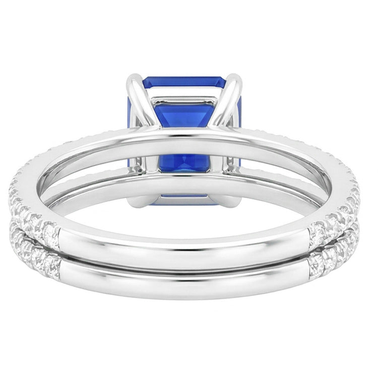 Ensemble Bague de Fiançailles Saphir Bleu Asscher Cut Or Blanc 14K 3 Carats