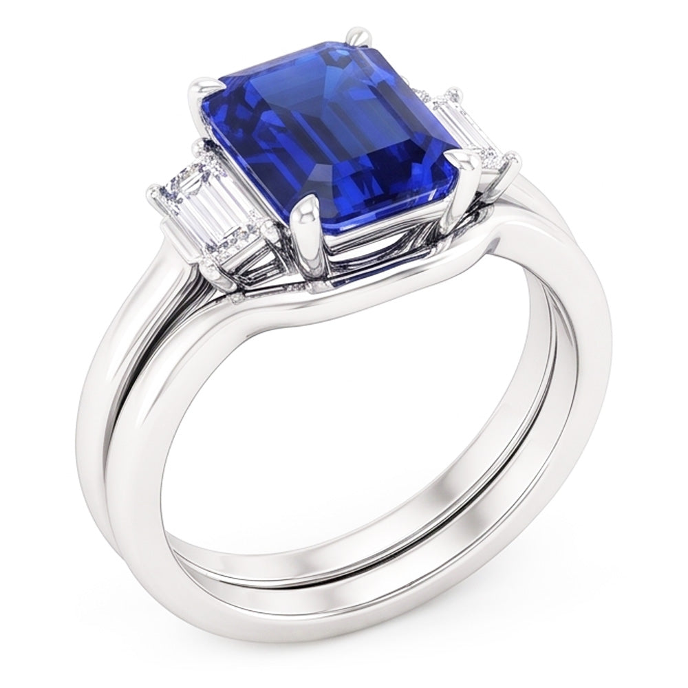 Ensemble de 3 bagues en saphir bleu éclatant et diamants baguette. 1.75 carats