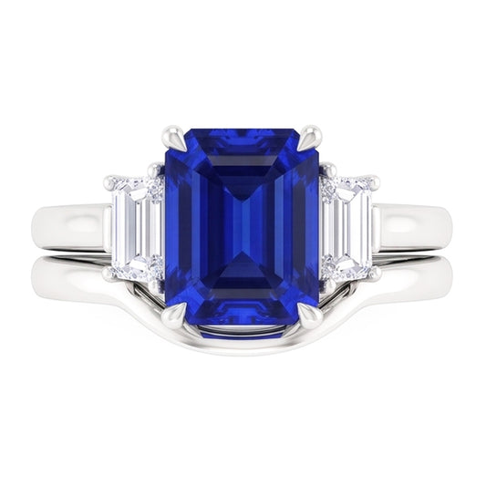Ensemble de 3 bagues en saphir bleu éclatant et diamants baguette. 1.75 carats