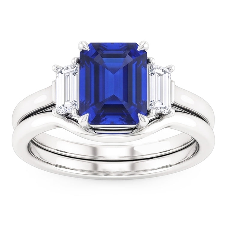 Ensemble de 3 bagues en saphir bleu éclatant et diamants baguette. 1.75 carats