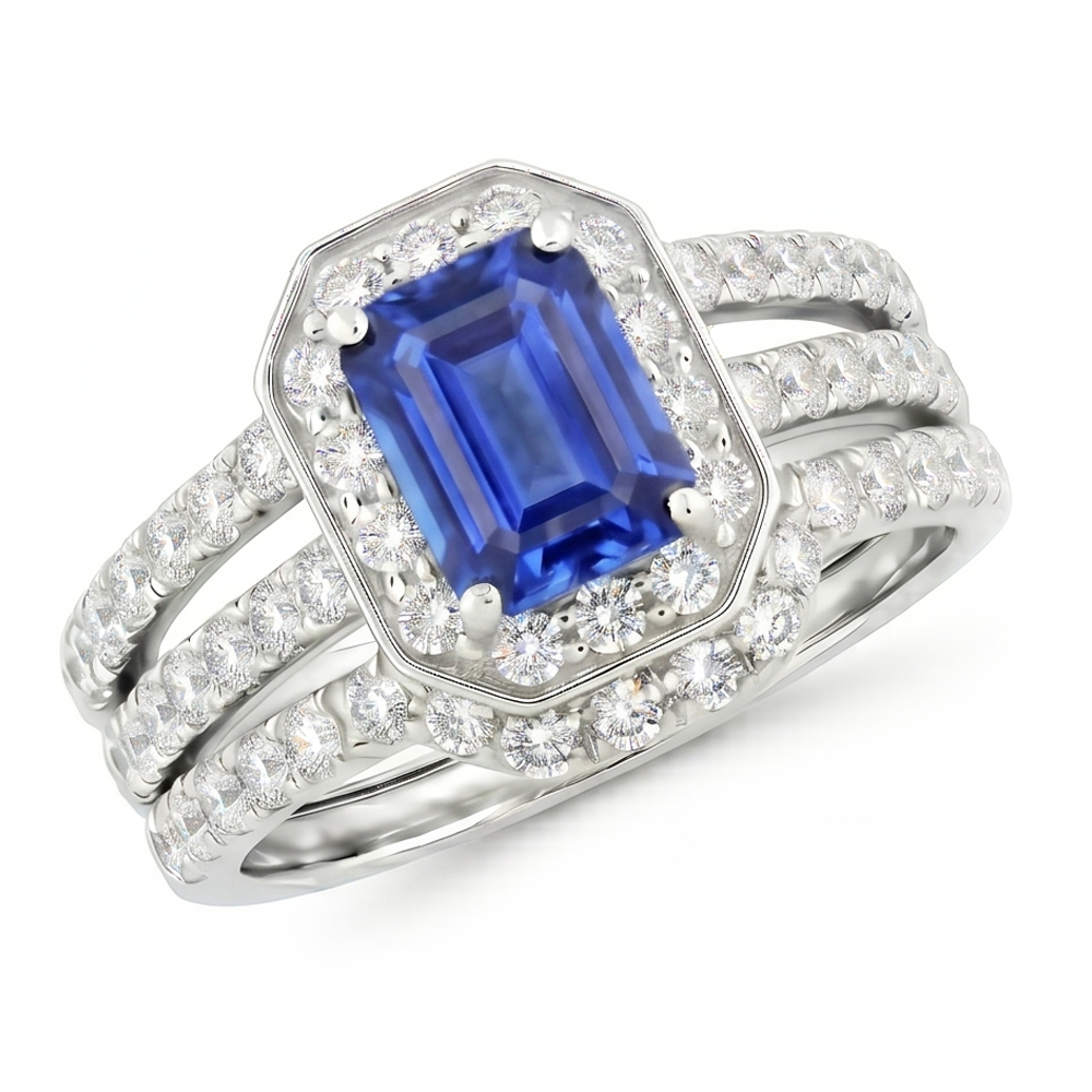 Ensemble de bague de fiançailles en diamant bleu saphir 3.50 carats serti de bijoux