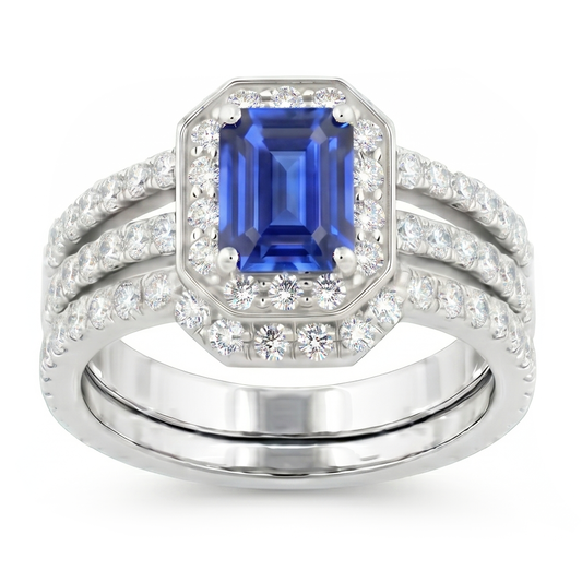 Ensemble de bague de fiançailles en diamant bleu saphir 3.50 carats serti de bijoux