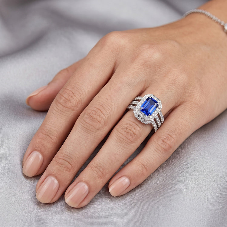 Ensemble de bague de fiançailles en diamant bleu saphir 3.50 carats serti de bijoux
