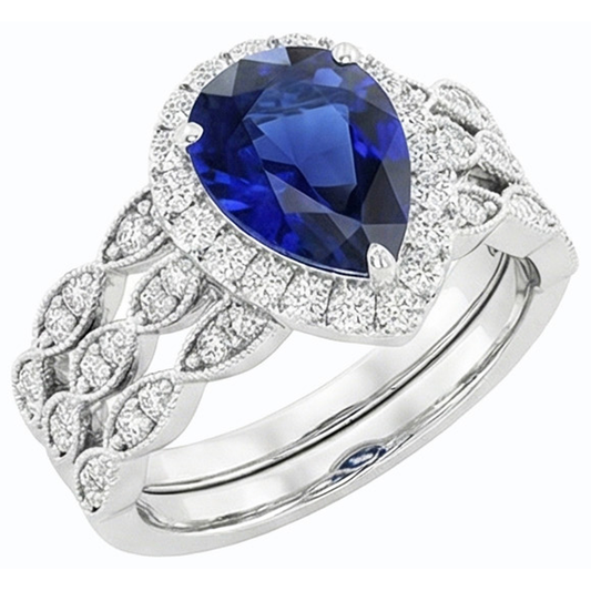 Ensemble de bague de mariage taille poire halo bleu saphir style vintage 4.50 carats