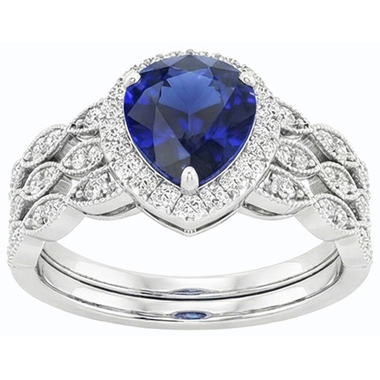 Ensemble de bague de mariage taille poire halo bleu saphir style vintage 4.50 carats