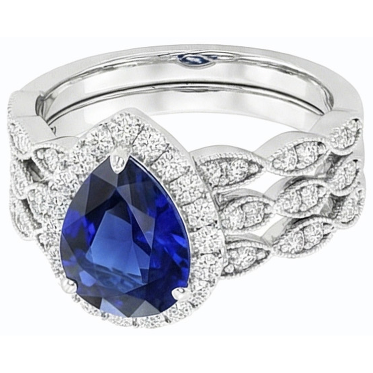 Ensemble de bague de mariage taille poire halo bleu saphir style vintage 4.50 carats