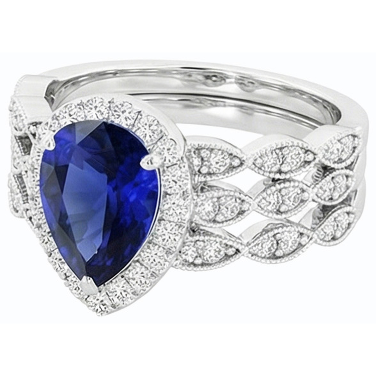 Ensemble de bague de mariage taille poire halo bleu saphir style vintage 4.50 carats