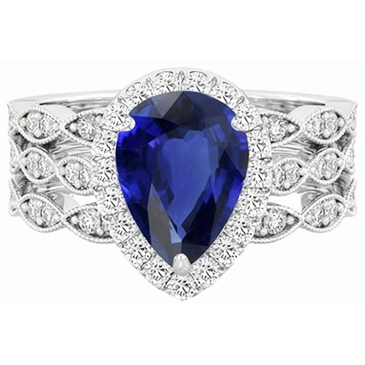 Ensemble de bague de mariage taille poire halo bleu saphir style vintage 4.50 carats