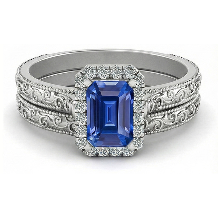 Ensemble de bagues de mariage Halo Saphir bleu émeraude 2.50 Carats Style antique