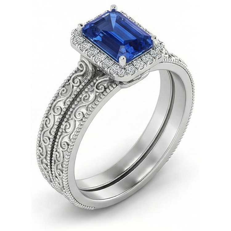 Ensemble de bagues de mariage Halo Saphir bleu émeraude 2.50 Carats Style antique