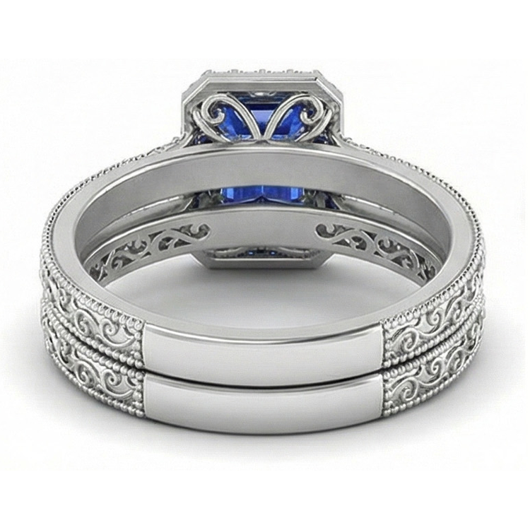 Ensemble de bagues de mariage Halo Saphir bleu émeraude 2.50 Carats Style antique