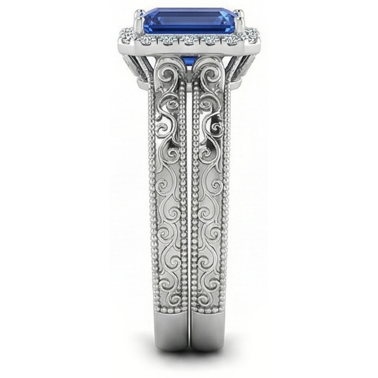 Ensemble de bagues de mariage Halo Saphir bleu émeraude 2.50 Carats Style antique