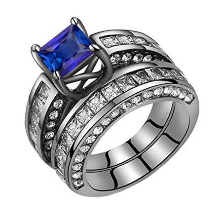 Ensemble Bague de Fiançailles Or Noir Princesse Diamant Bleu Saphir