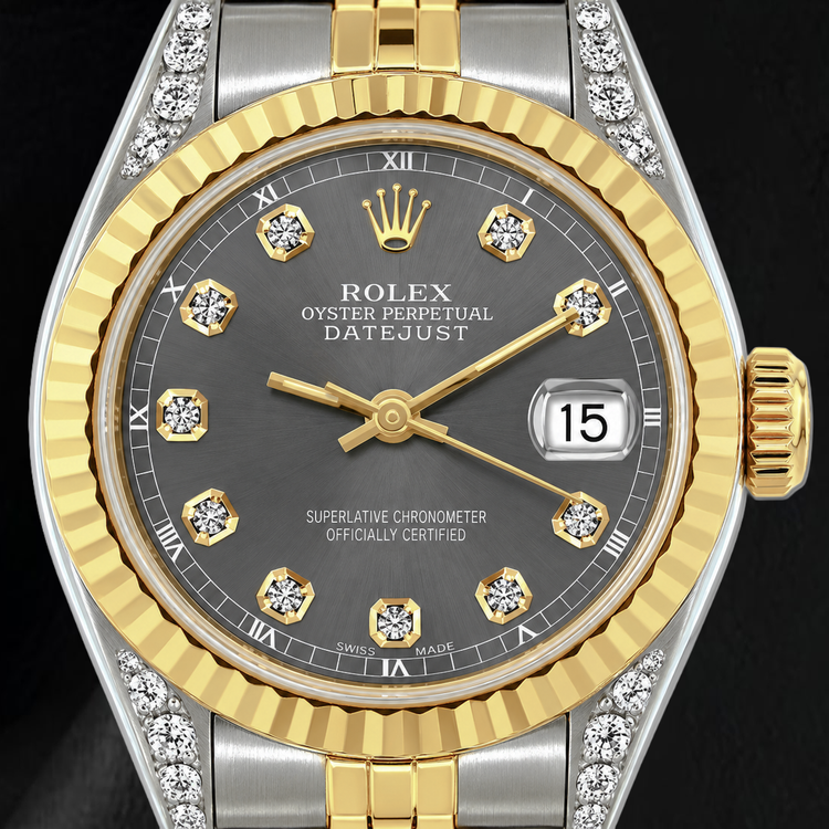 Montre Rolex Datejust 69173 26 mm Bicolore Cadran Diamants Gris Lunette Cannelée