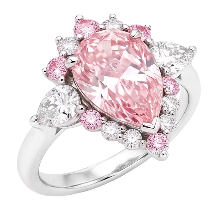 Bague de Fiançailles en Platine avec Diamant Rose Fantaisie Naturel Taille Poire 2 Carats et Demi-Halo