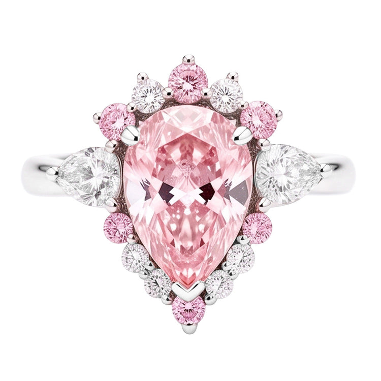 Bague de Fiançailles en Platine avec Diamant Rose Fantaisie Naturel Taille Poire 2 Carats et Demi-Halo
