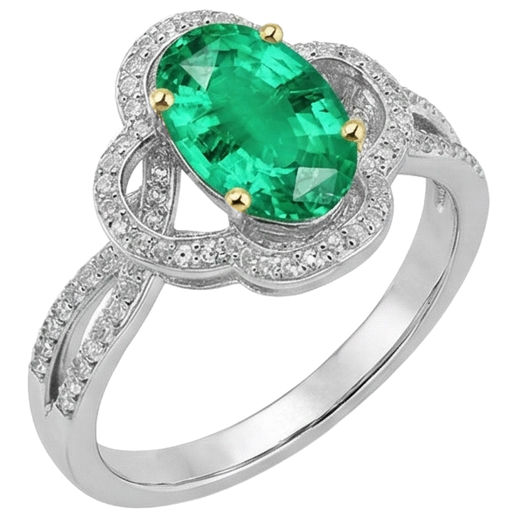 Émeraude Ovale Bague Pierre Précieuse en Or Bicolore 14 Carats – vue de face