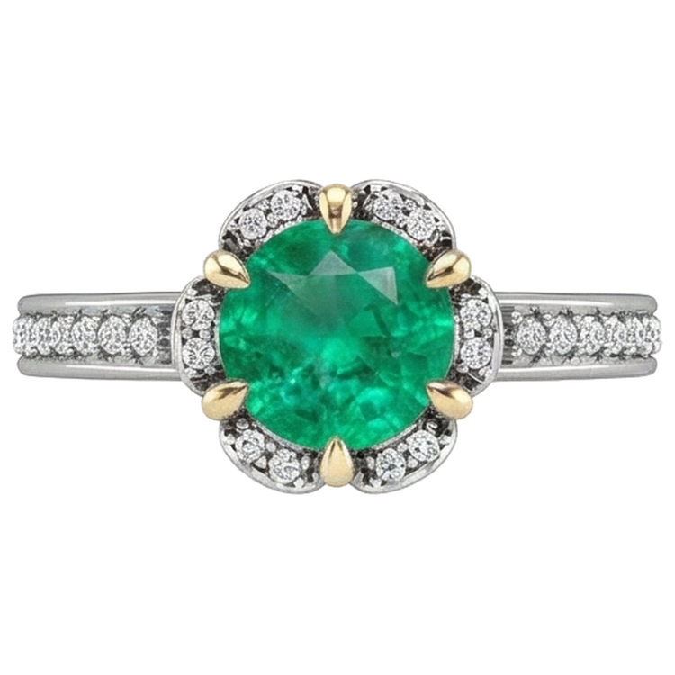Émeraude Fine Bague avec Gemme 1-carats Or 14K Bicolore – vue de face