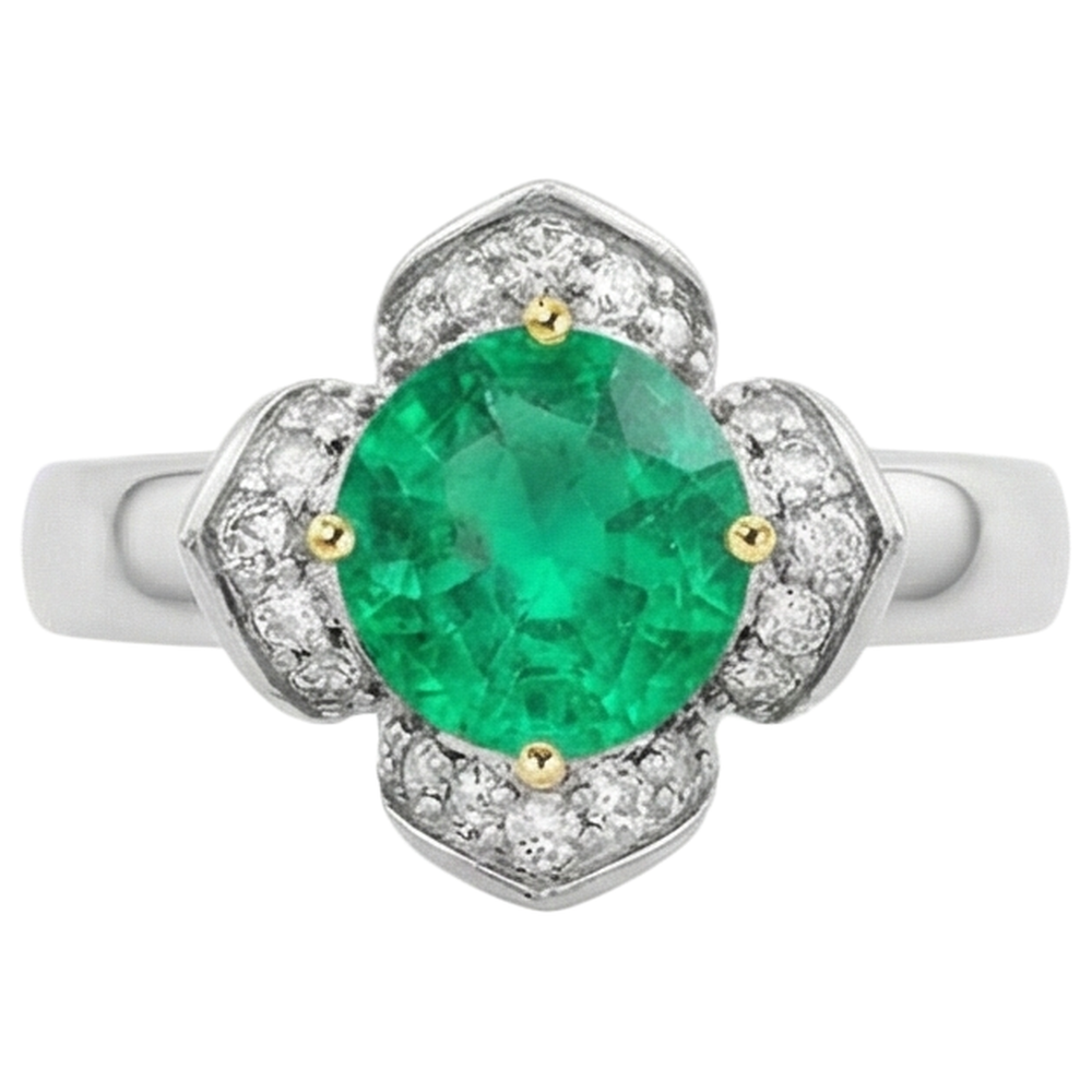 Émeraude Fine Taille Ronde Bague Pierre de Couleur en Or Deux Tons 14 Carats – vue d'angle