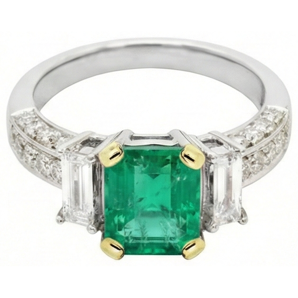 Émeraude Fine Bague Pierre Précieuse 2-carats Or Bicolore 14 Carats – vue d'angle