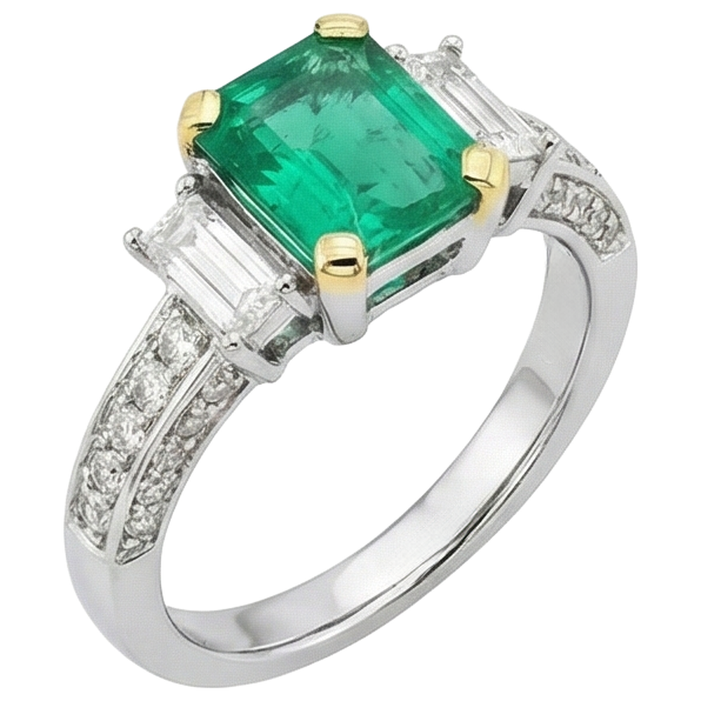 Émeraude Fine Bague Pierre Précieuse 2 carats Or Bicolore 14 Carats – vue de côté