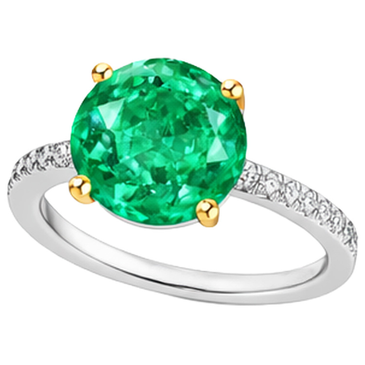 Émeraude Colombienne Taille Brillant Bague Pierre Précieuse en Or Bicolore 14 Carats – vue de face
