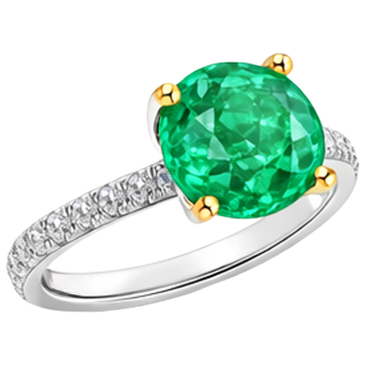 Taille Brillant Émeraude Colombienne bague en Or Bicolore 14 Carats – vue d'angle