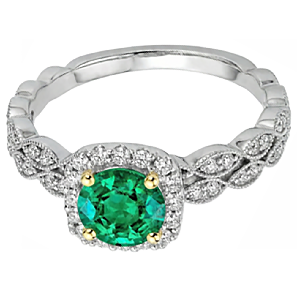 Émeraude Colombienne Taille Brillant Bague Pierre de Couleur en Or Bicolore 14 Carats – vue de côté