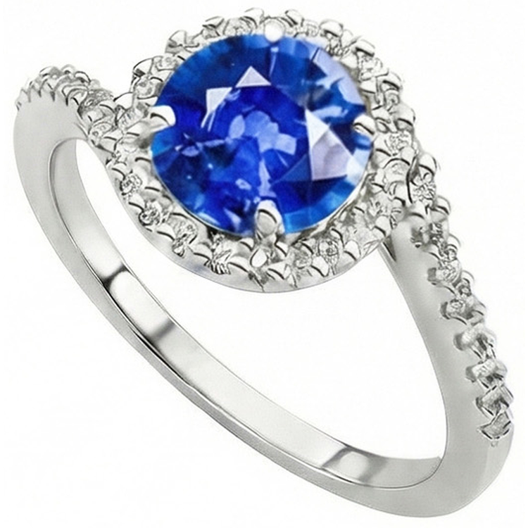 Saphir Bleu Royal Taille Brillant Bague Pierre de Couleur en Or Blanc 14 Carats – vue de côté