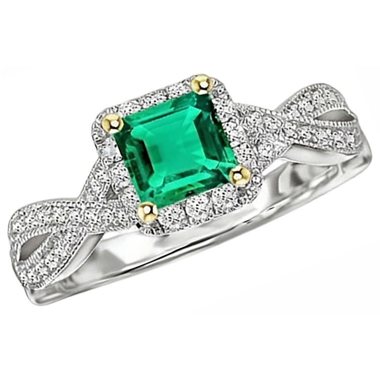 Bague Pierre de Couleur Or Deux Tons 14 Carats avec Émeraude – vue d'angle