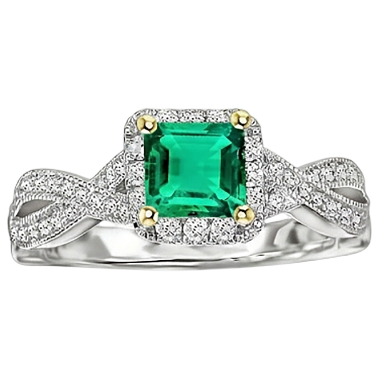 Taille Princesse Émeraude bague en Or Deux Tons 14 Carats – vue de face