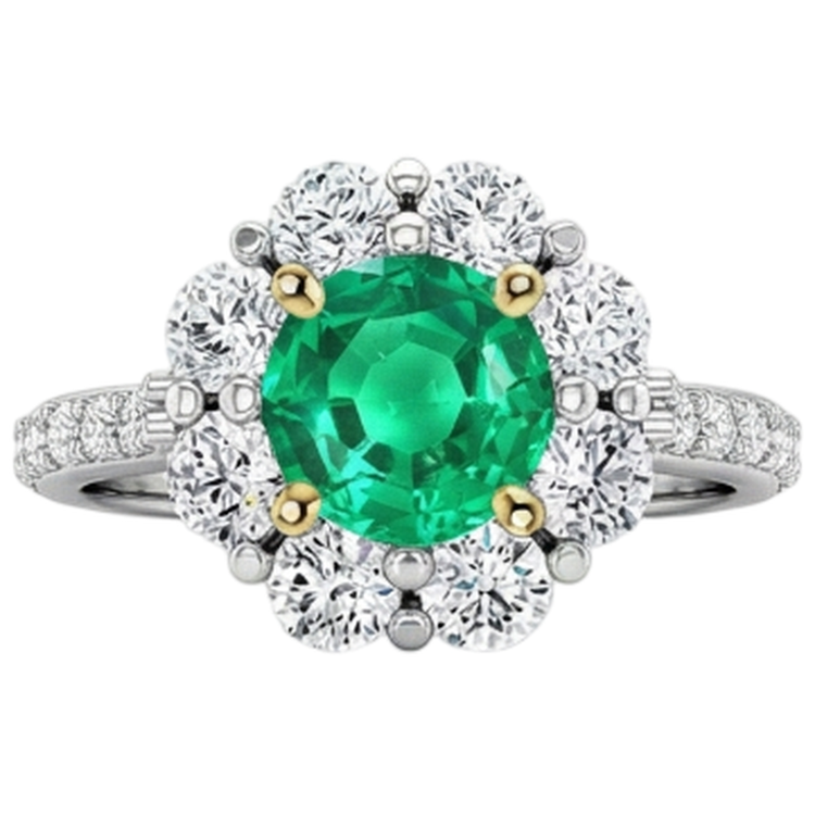 Émeraude Taille Ronde Bague Pierre Précieuse en Or 14K Bicolore – vue de face