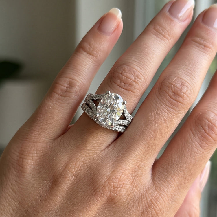 Grand Ovale Réel Diamant Anneau de Mariage Et Ensemble de Bande