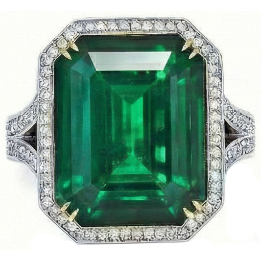 Grande Bague Emeraude Verte Et Diamant Naturels Extraits des Mines ( et non cultivés en laboratoire ) Taille Emeraude En Or Massif Bicolore 24,75 Ct